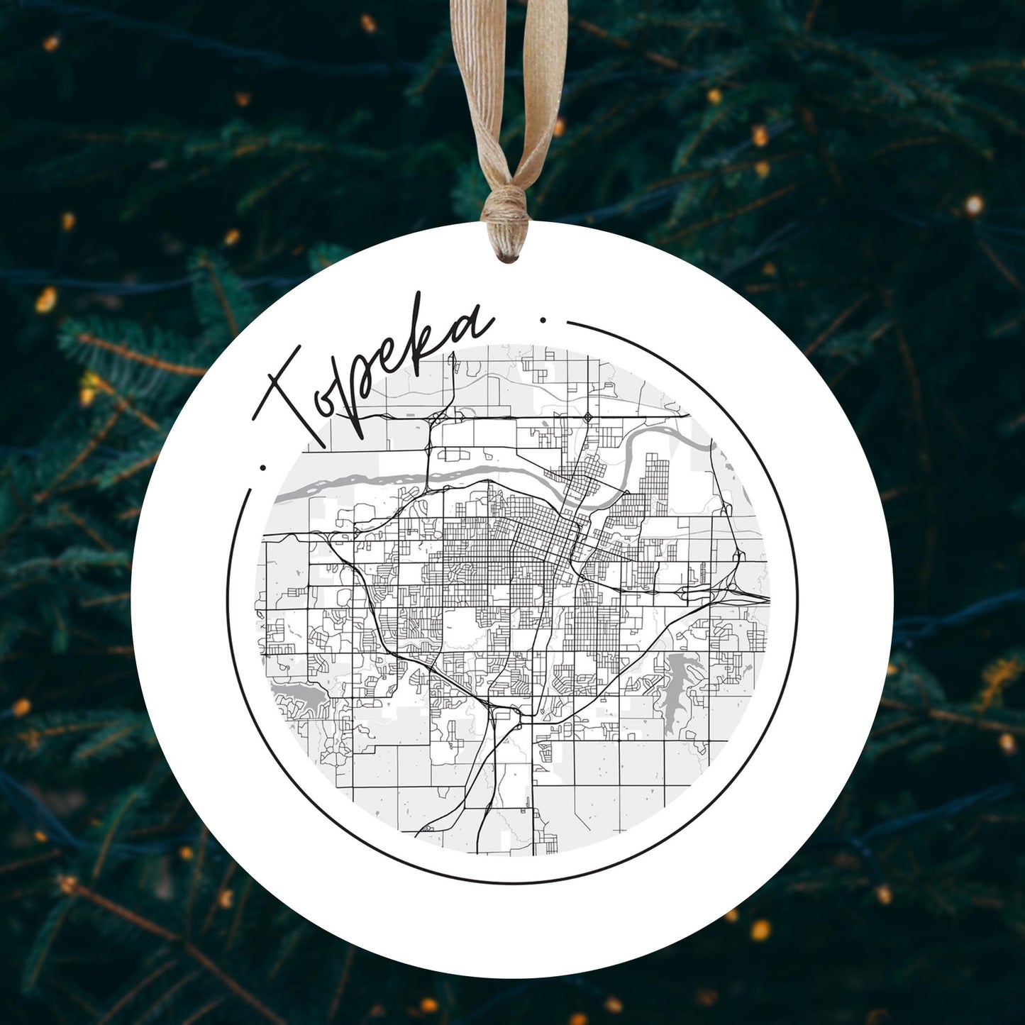 Minimalist B&W Kansas Topeka Circle Map | Wood Ornament | Eaches | Min 1