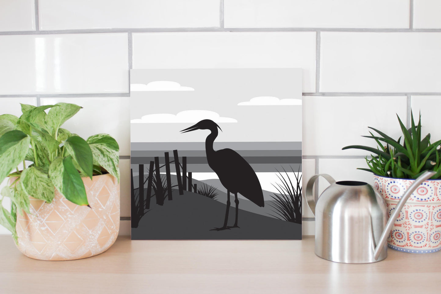 Minimalistic B&W Cape Cod Heron Illustration | Wood Sign | Eaches | Min 2