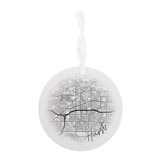 Minimalistic B&W Texas Hurst Circle Map | Wood Ornament | Eaches | Min 6