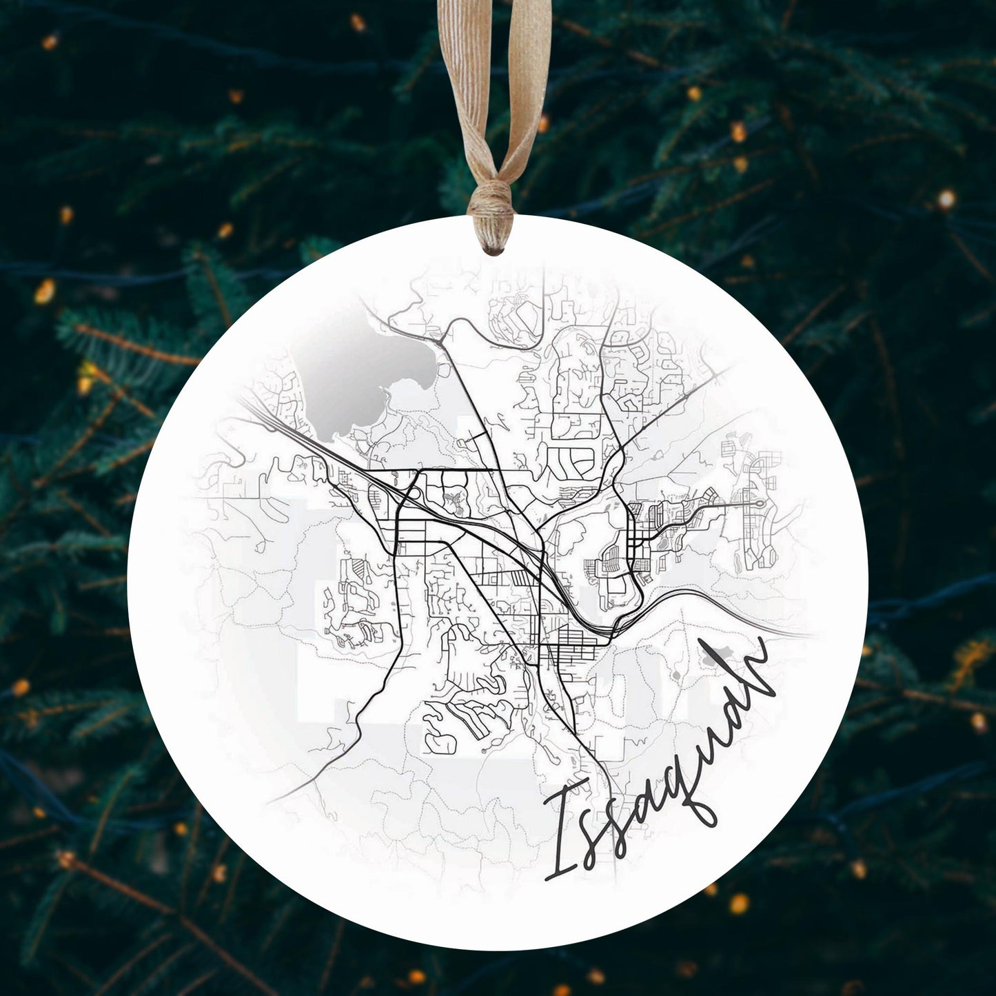 Minimalistic B&W Washington Issaquah Circle Map | Wood Ornament | Eaches | Min 1