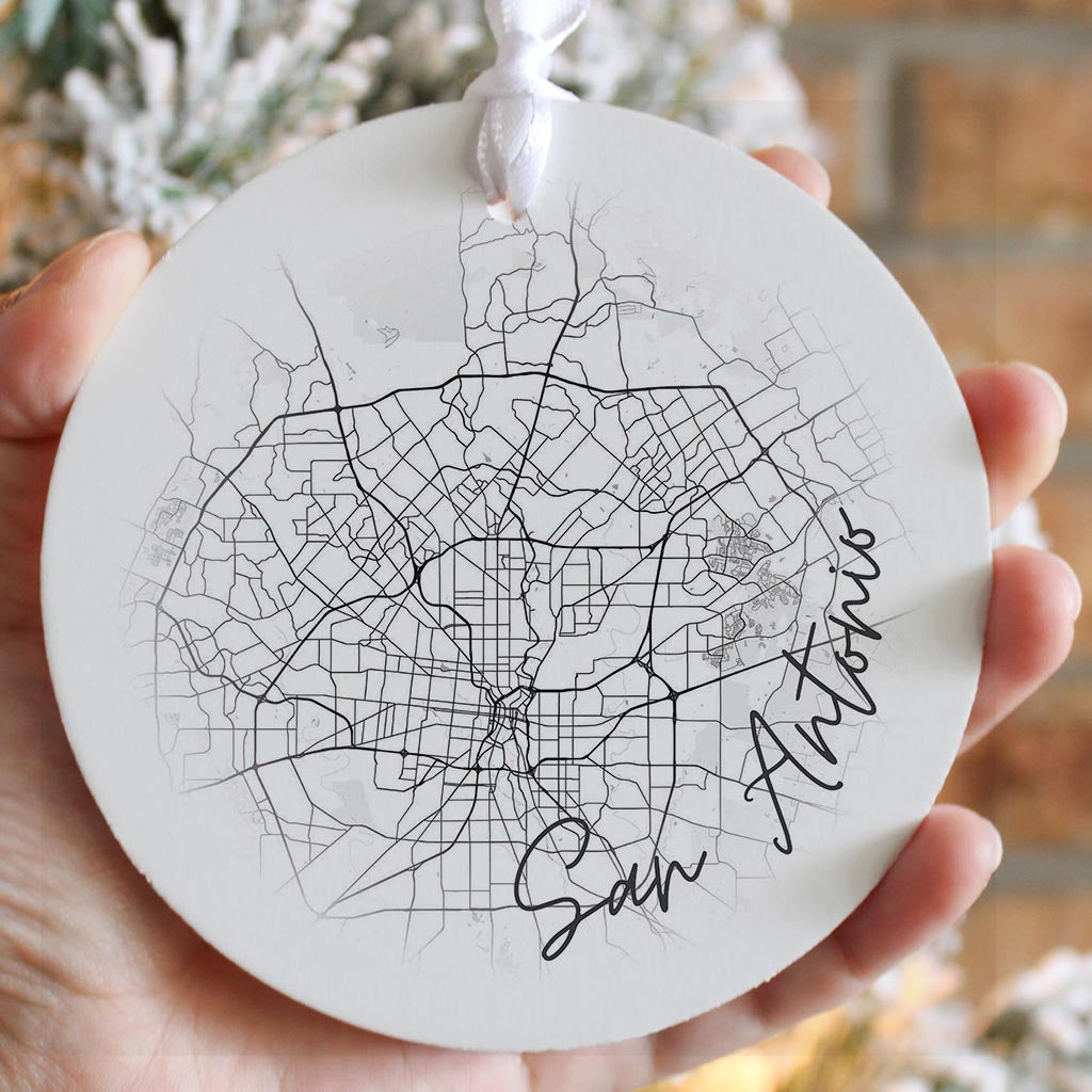 Minimalistic B&W Texas San Antonio Circle Map | Wood Ornament | Eaches | Min 6