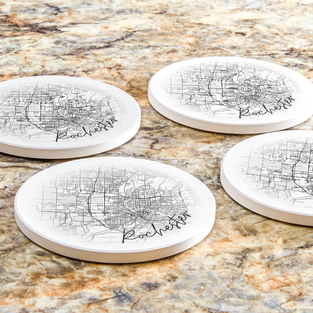 Minimalistic B&W New York Rochester Faded Circle Map| Absorbent Coasters | Set of 4 | Min 2