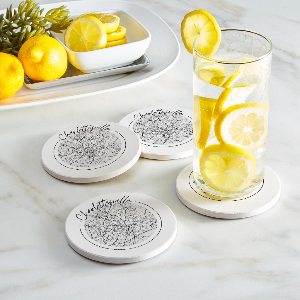 Minimalistic B&W Virginia Charlottesville Circle Map| Absorbent Coasters | Set of 4 | Min 2