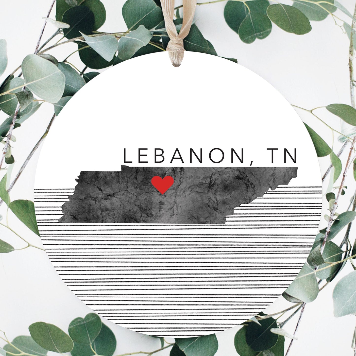 Minimalist B&W Tennessee State Lebanon Heart | Wood Ornament | Eaches | Min 1