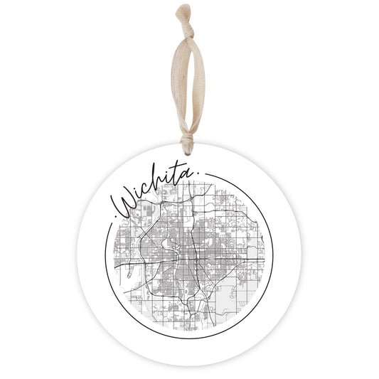 Minimalist B&W Kansas Wichita Circle Map | Wood Ornament | Eaches | Min 1