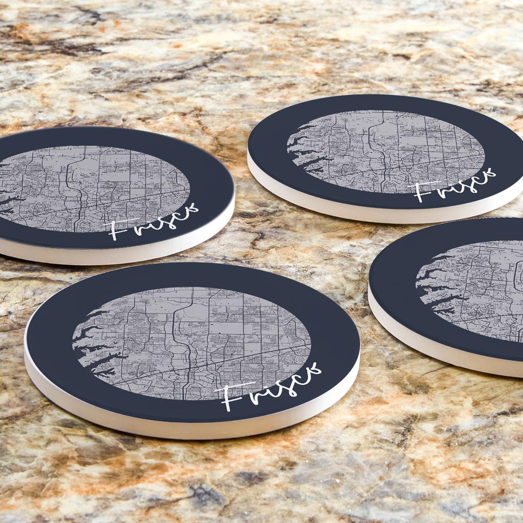 Modern Minimalist Texas Colors Frisco Circle Map| Absorbent Coasters | Set of 4 | Min 2