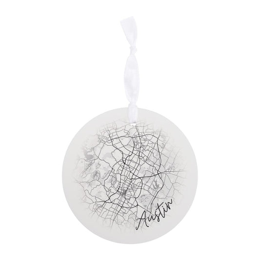 Minimalistic B&W Texas Austin Circle Map | Wood Ornament | Eaches | Min 6