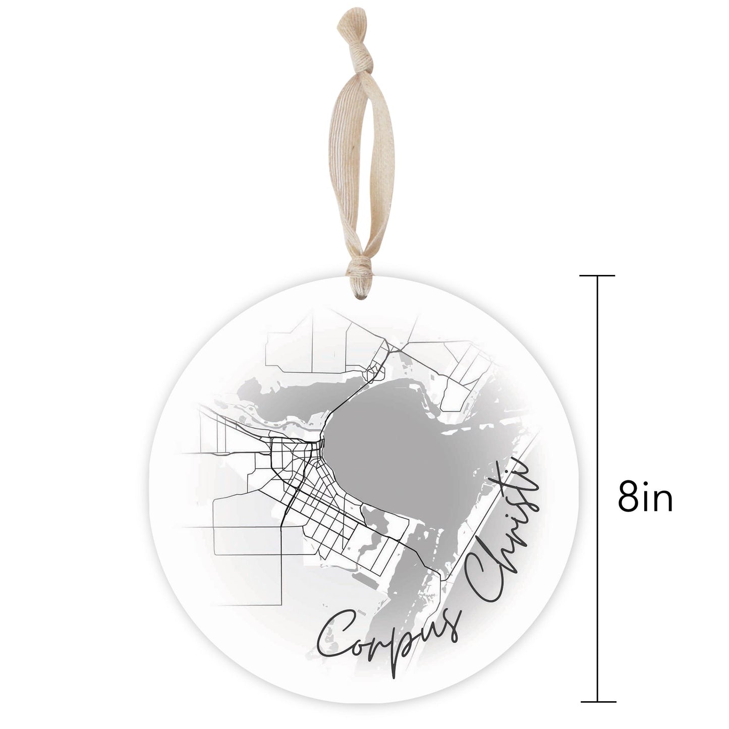 Minimalistic B&W Texas Corpus Christi Circle Map | Wood Ornament | Eaches | Min 1