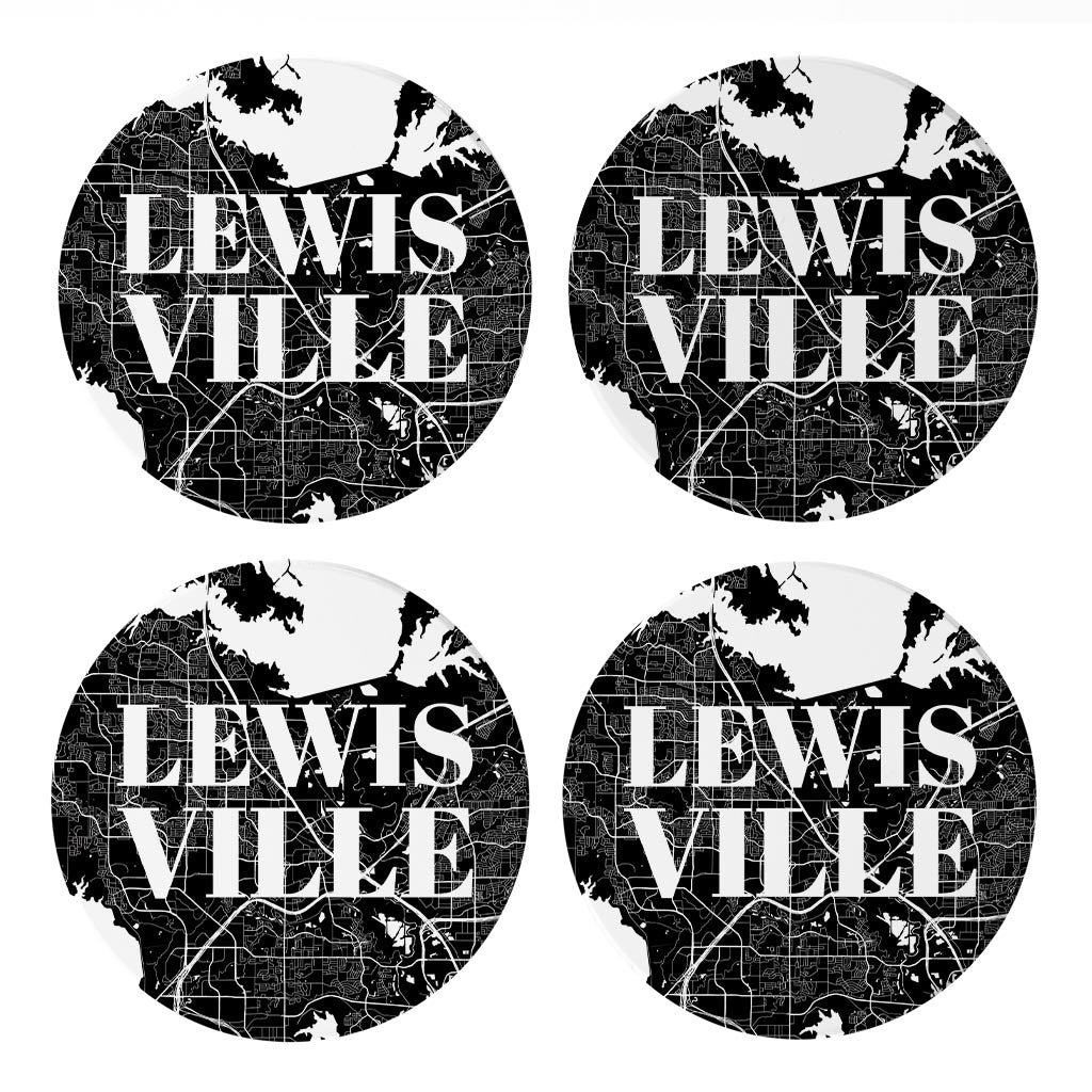 Minimalistic B&W Texas Lewisville Map | Absorbent Coasters | Set of 4 | Min 2