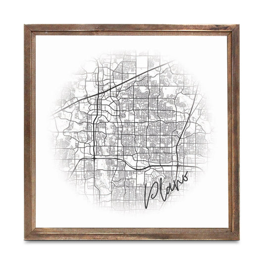 Minimalistic B&W Texas Plano Circle Map | Wood Sign | Eaches | Min 1