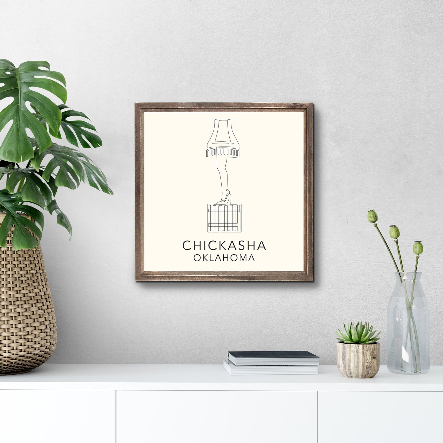 Modern Minimalist Oklahoma Chickasha Leg Lamp | Wood Sign | Eaches | Min 1