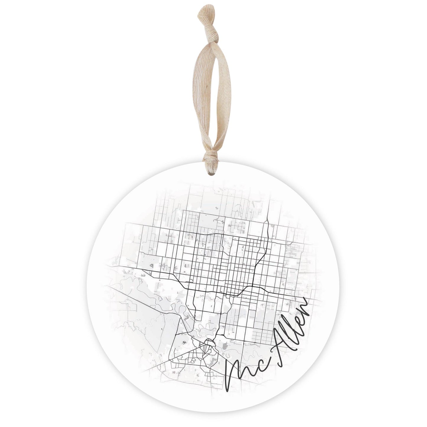 Minimalistic B&W Texas Mcallen Circle Map | Wood Ornament | Eaches | Min 1