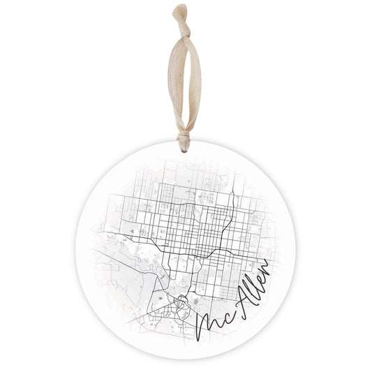 Minimalistic B&W Texas Mcallen Circle Map | Wood Ornament | Eaches | Min 1