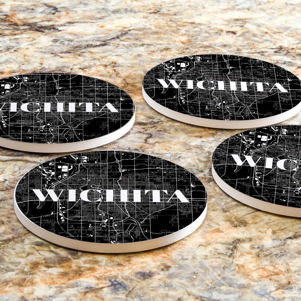 Minimalist B&W Kansas Wichita Map | Absorbent Coasters | Set of 4 | Min 2