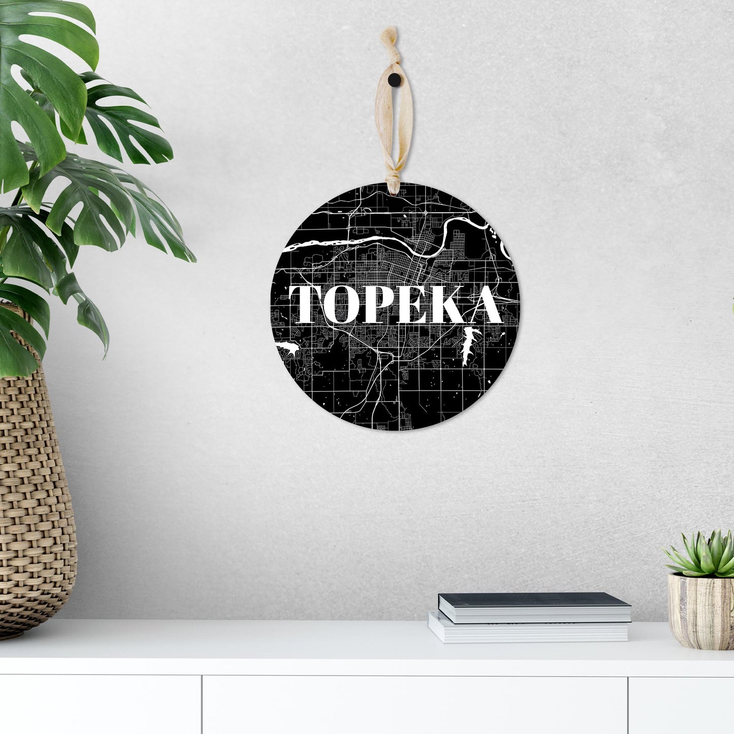 Minimalist B&W Kansas Topeka Map | Wood Ornament | Eaches | Min 1