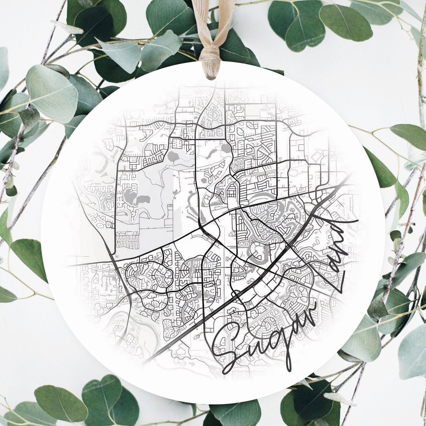 Minimalistic B&W Texas Sugarland Circle Map | Wood Ornament | Eaches | Min 1