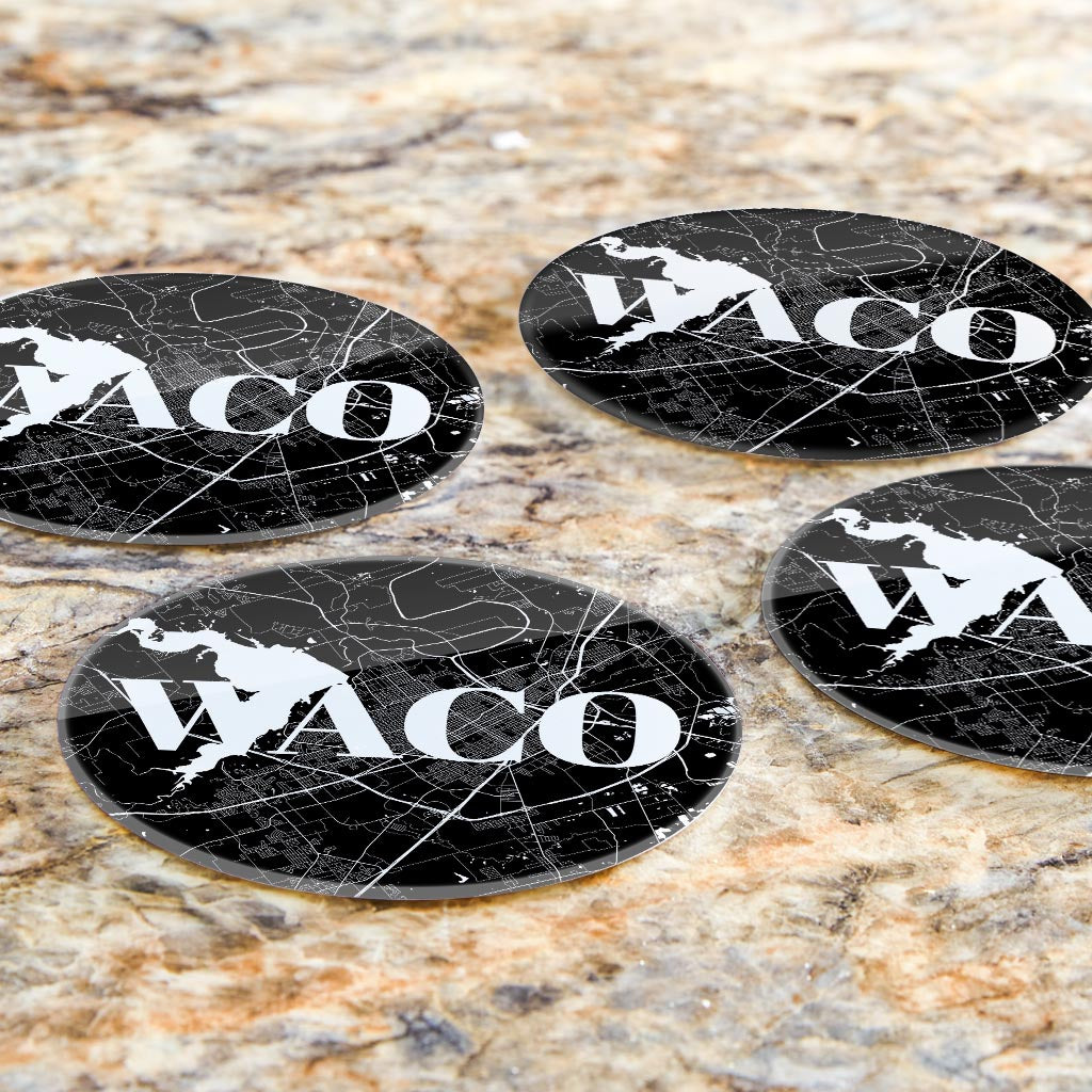 Minimalistic B&W Texas Waco Map | Hi-Def Glass Coasters | Set of 4 | Min 2