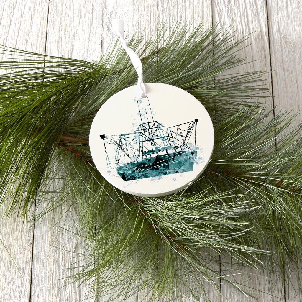 Blue White Water Color Shrimp Boat | Wood Ornament | Eaches | Min 6