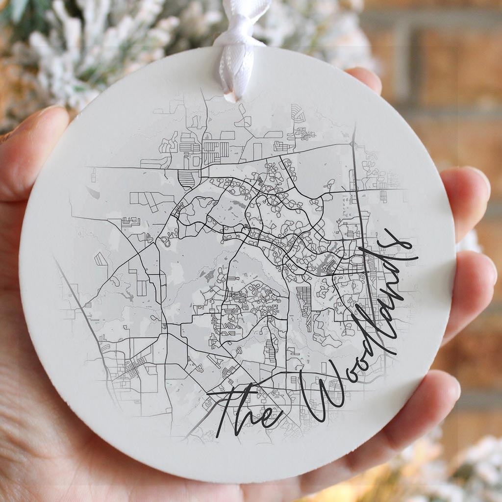 Minimalistic B&W Texas The Woodlands Circle Map | Wood Ornament | Eaches | Min 6