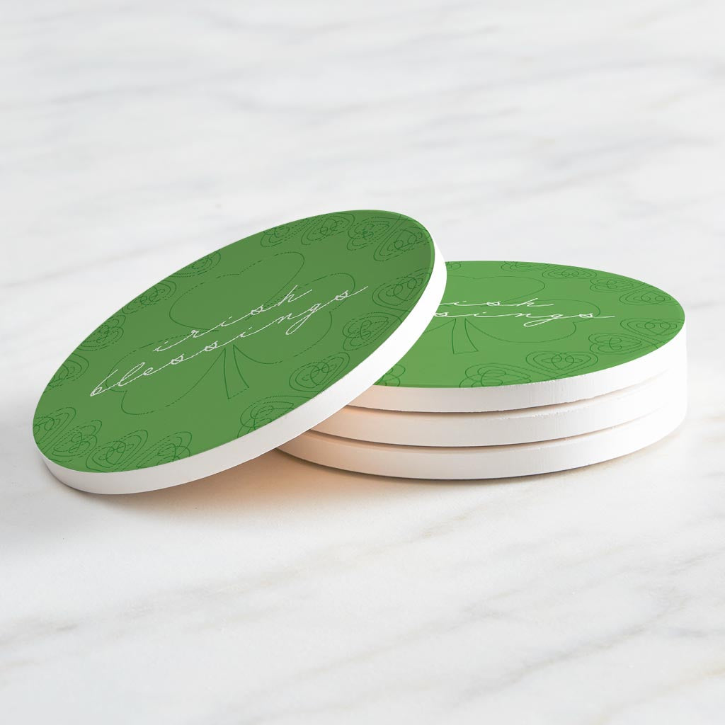 Light Green Shamrock Irish Blessings | Absorbent Coasters | Set of 4 | Min 2