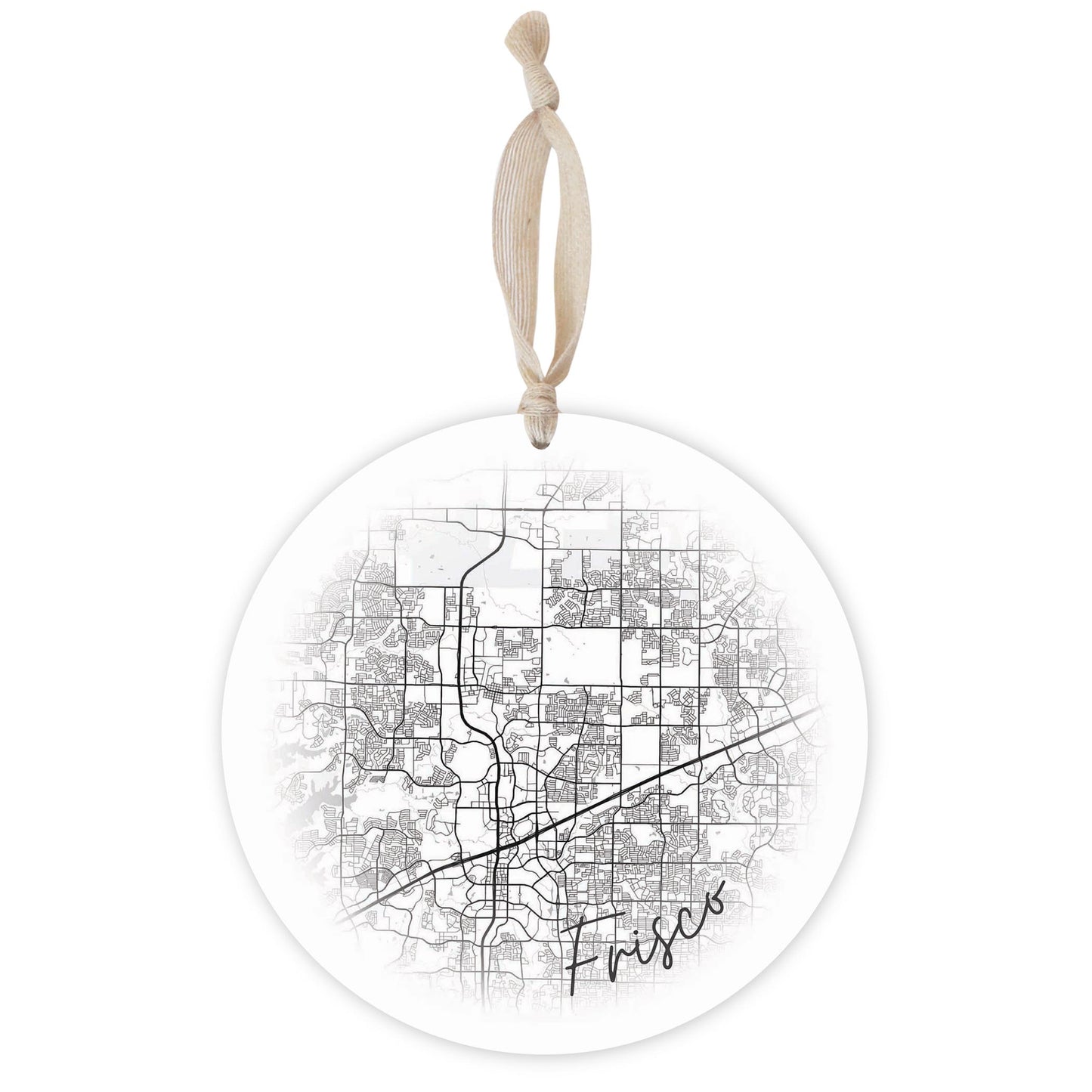 Minimalistic B&W Texas Frisco Circle Map | Wood Ornament | Eaches | Min 1