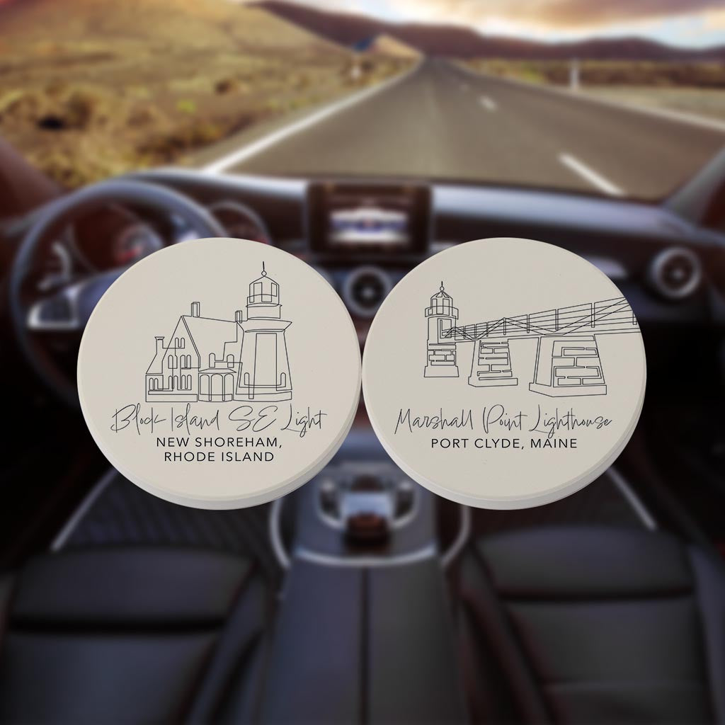 New England Lighthouses Cream Colored | Absorbent Car Coasters | Set of 2 | Min 4