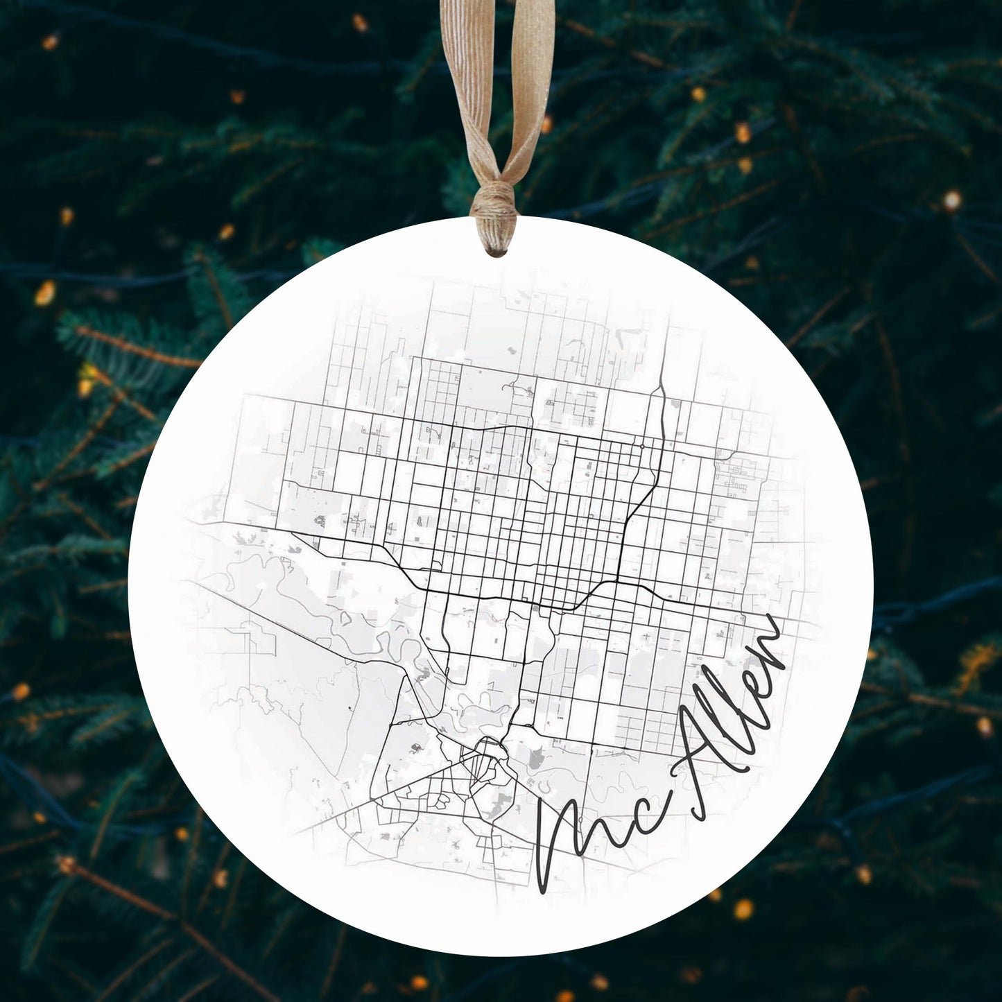 Minimalistic B&W Texas Mcallen Circle Map | Wood Ornament | Eaches | Min 1