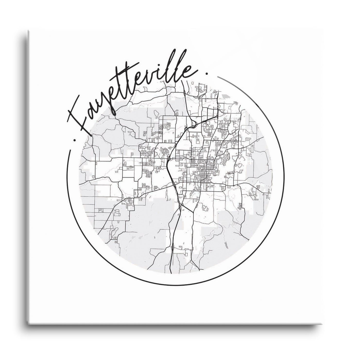 B&W Minimalist Arkansas Fayetteville Circle Map | Hi-Def Glass Art | Eaches | Min 1