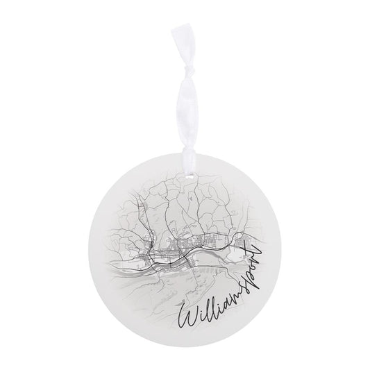 Minimalistic B&W Pennsylvania Williamsport Circle Map| Wood Ornament | Eaches | Min 6