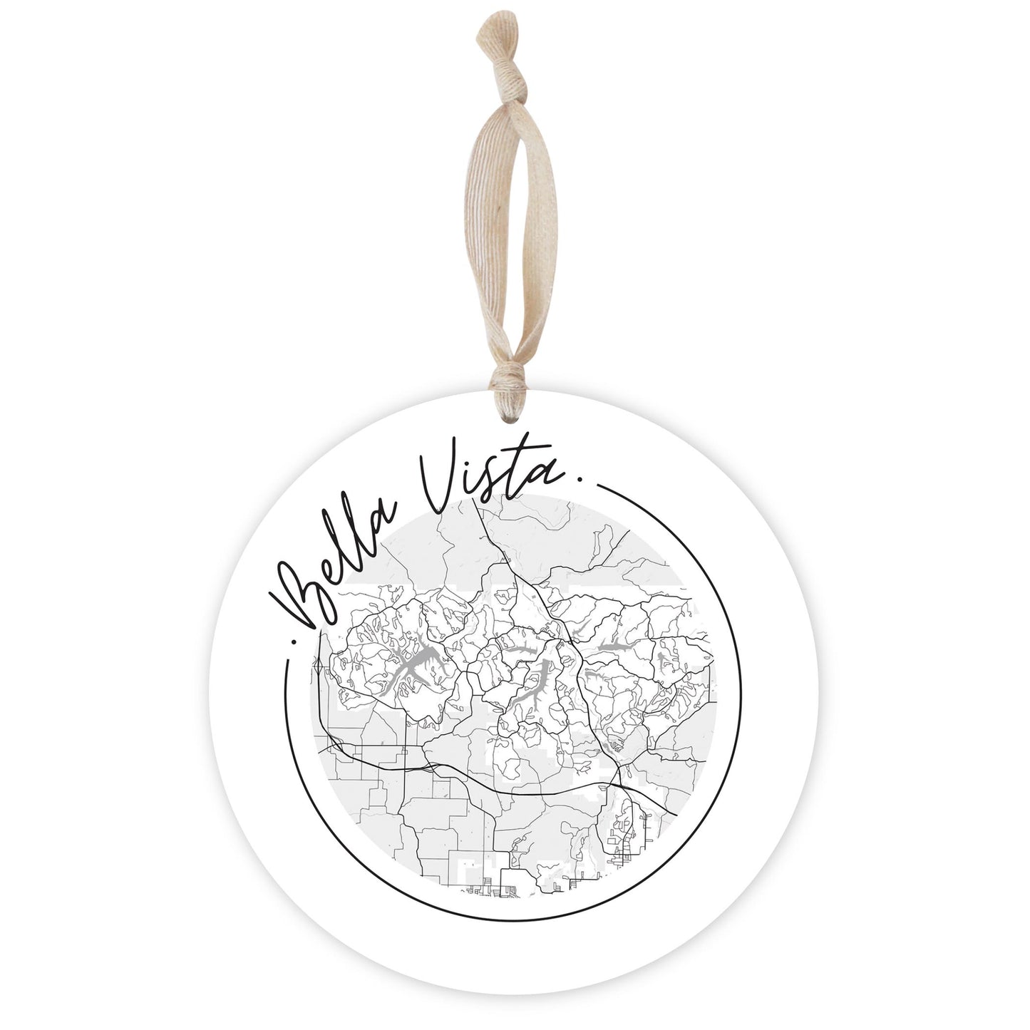 Minimalist B&W Arkansas Bella Vista Circle Map | Wood Ornament | Eaches | Min 1