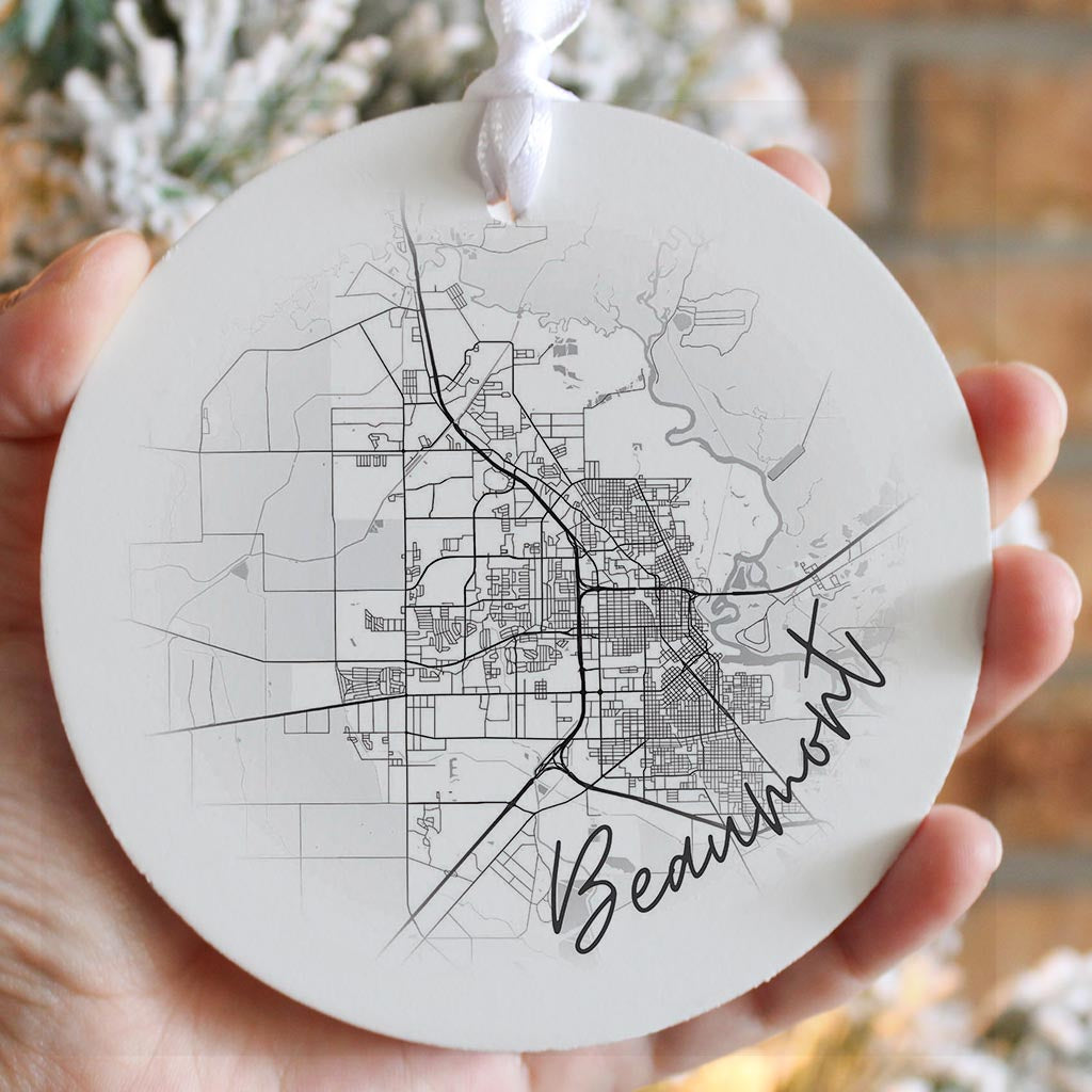 Minimalistic B&W Texas Beaumont Circle Map | Wood Ornament | Eaches | Min 6