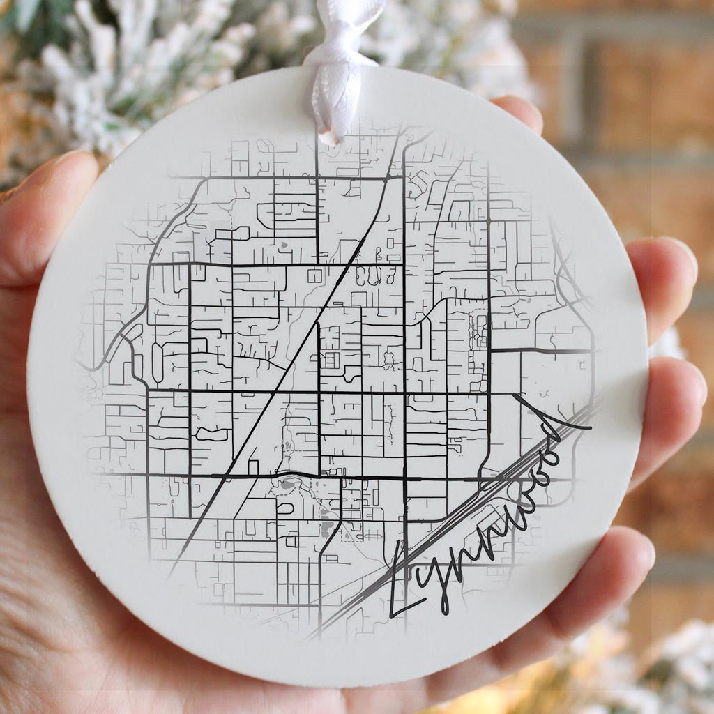 Minimalistic B&W Washington Lynnwood Circle Map | Wood Ornament | Eaches | Min 6