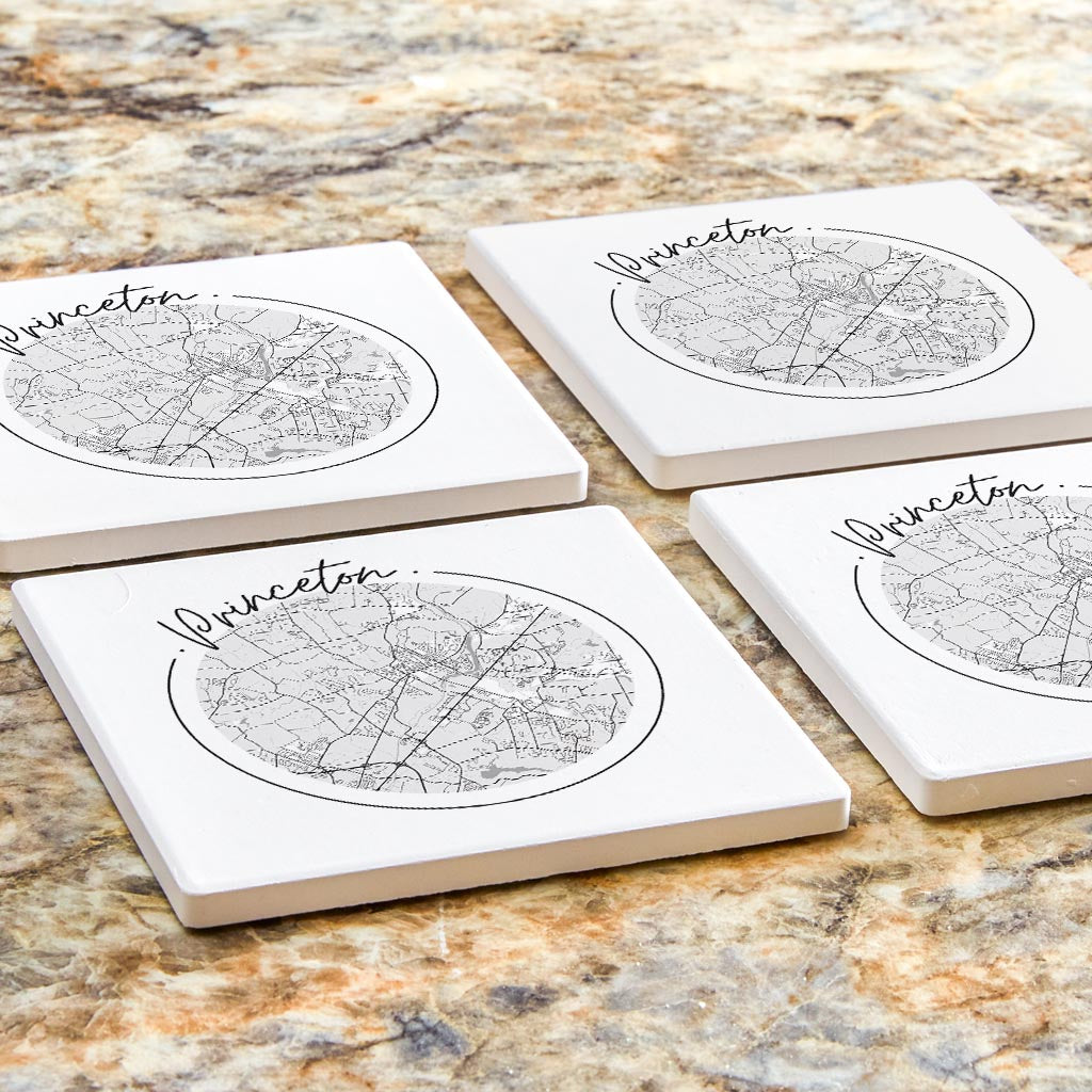 Minimalistic B&W New Jersey Princeton Circle Map| Absorbent Coasters | Set of 4 | Min 2