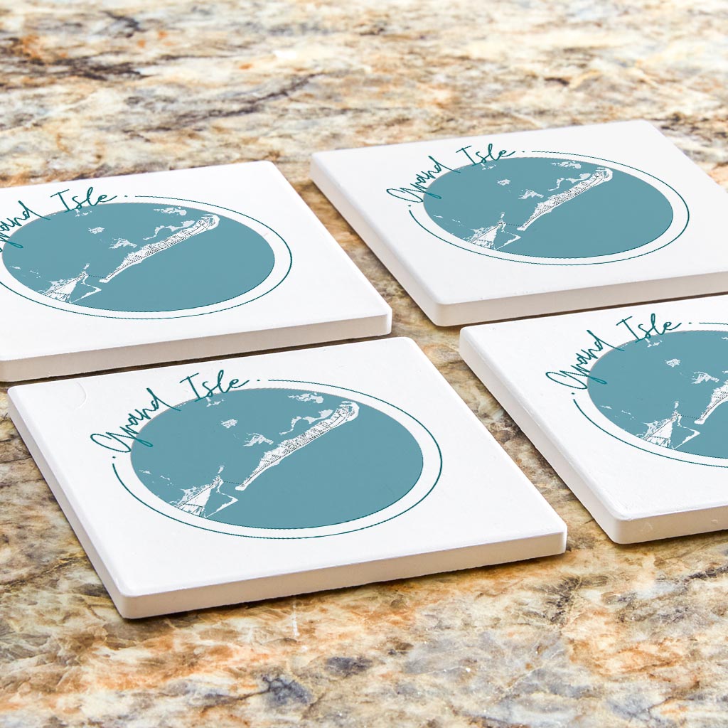 Blue White Grand Isle Circle Map | Absorbent Coasters | Set of 4 | Min 2