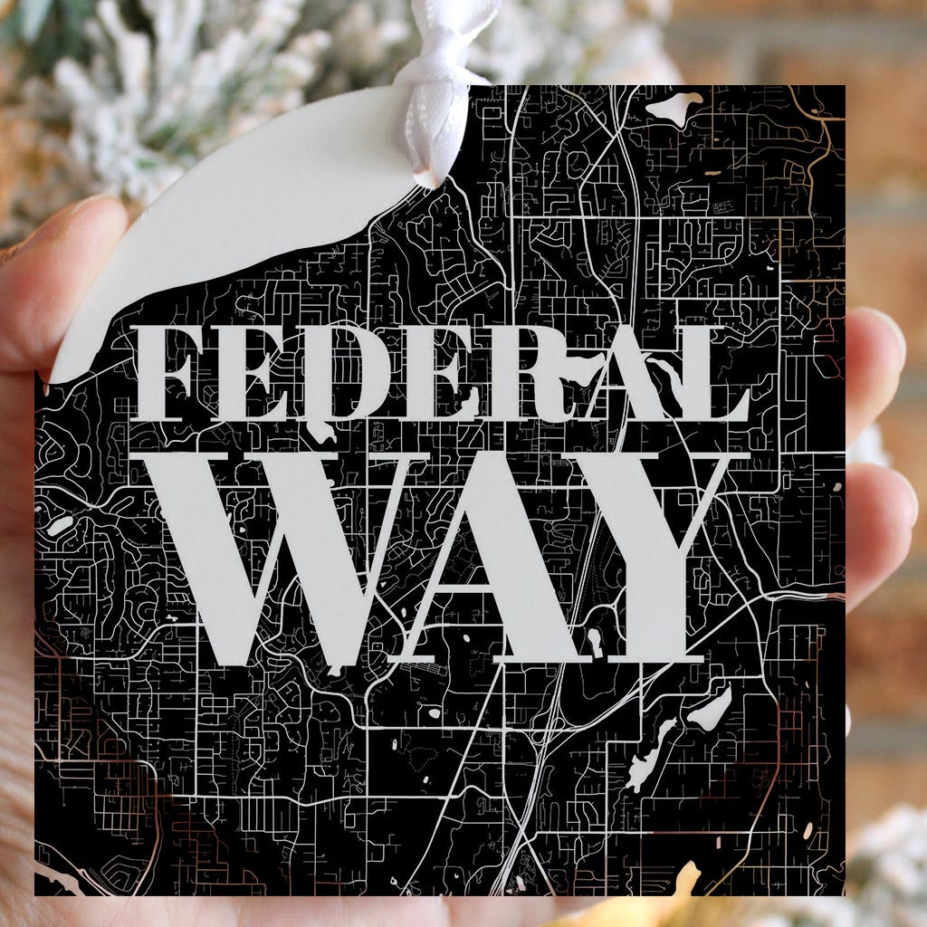 Minimalistic B&W Washington Federal Way Map | Wood Ornament | Eaches | Min 6