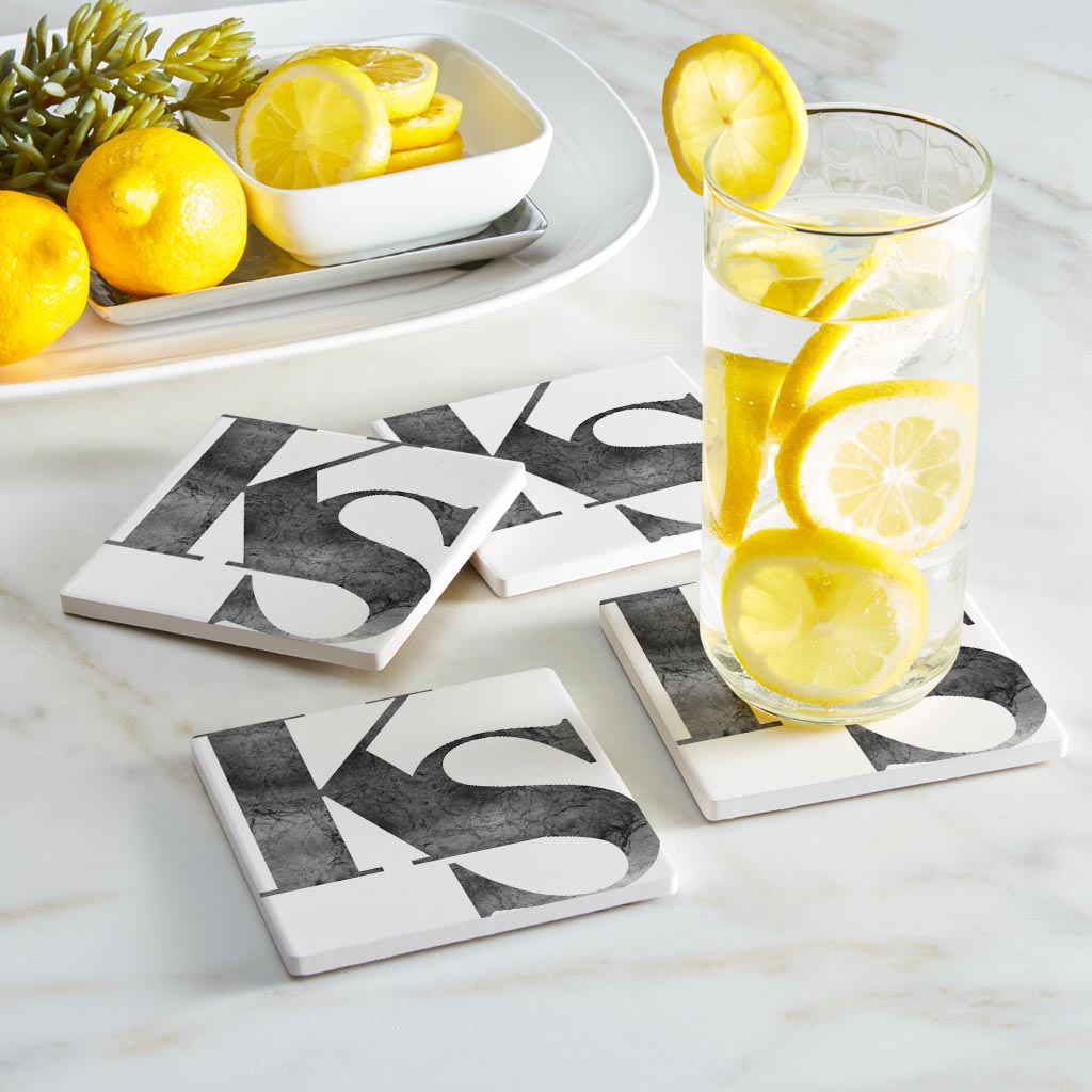 Minimalist B&W Kansas White Initials | Absorbent Coasters | Set of 4 | Min 2