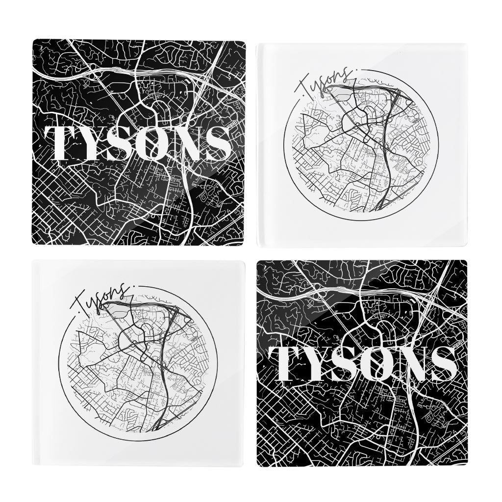 Minimalistic B&W Virginia Tysons Maps | Hi-Def Glass Coasters | Set of 4 | Min 2