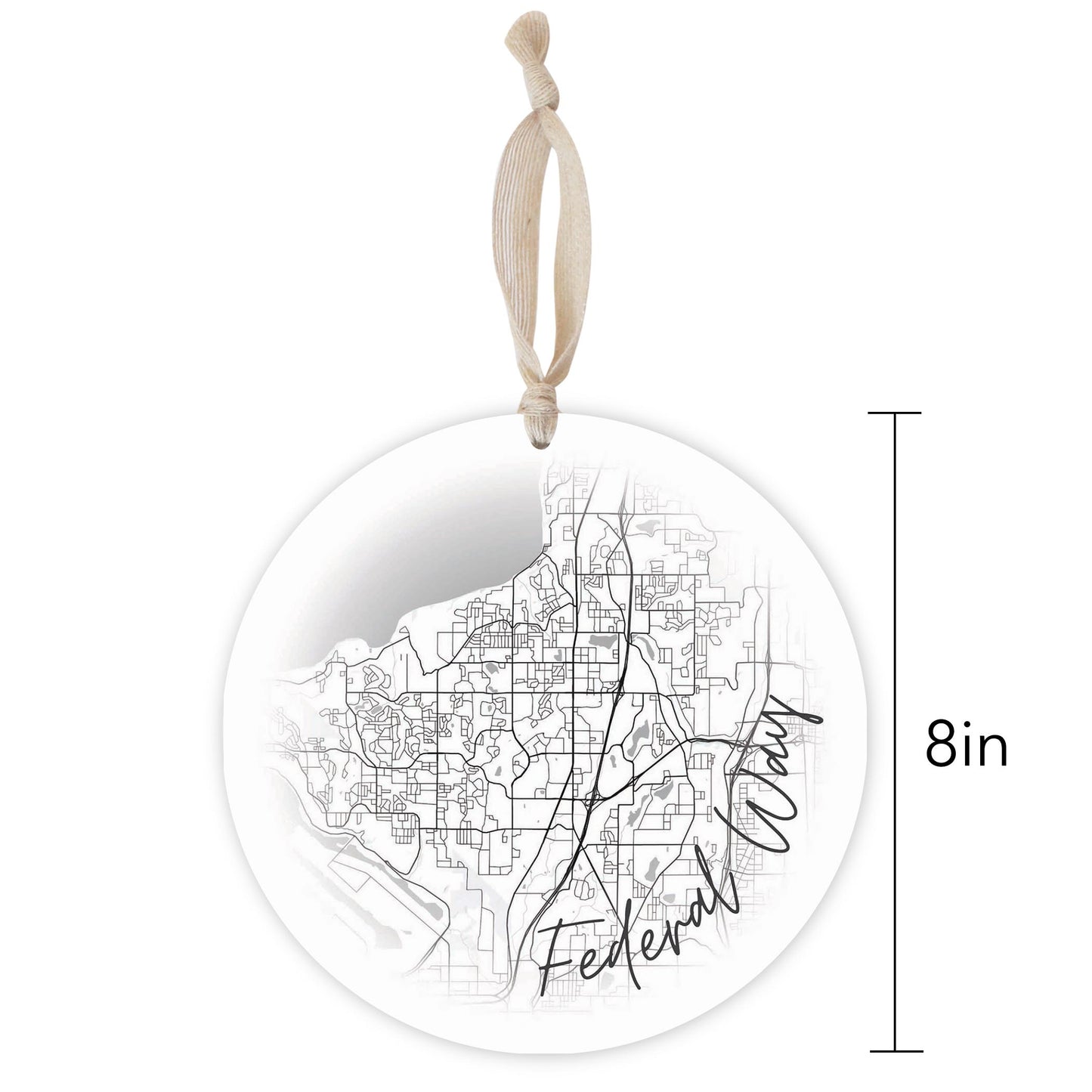 Minimalistic B&W Washington Federal Way Circle Map | Wood Ornament | Eaches | Min 1