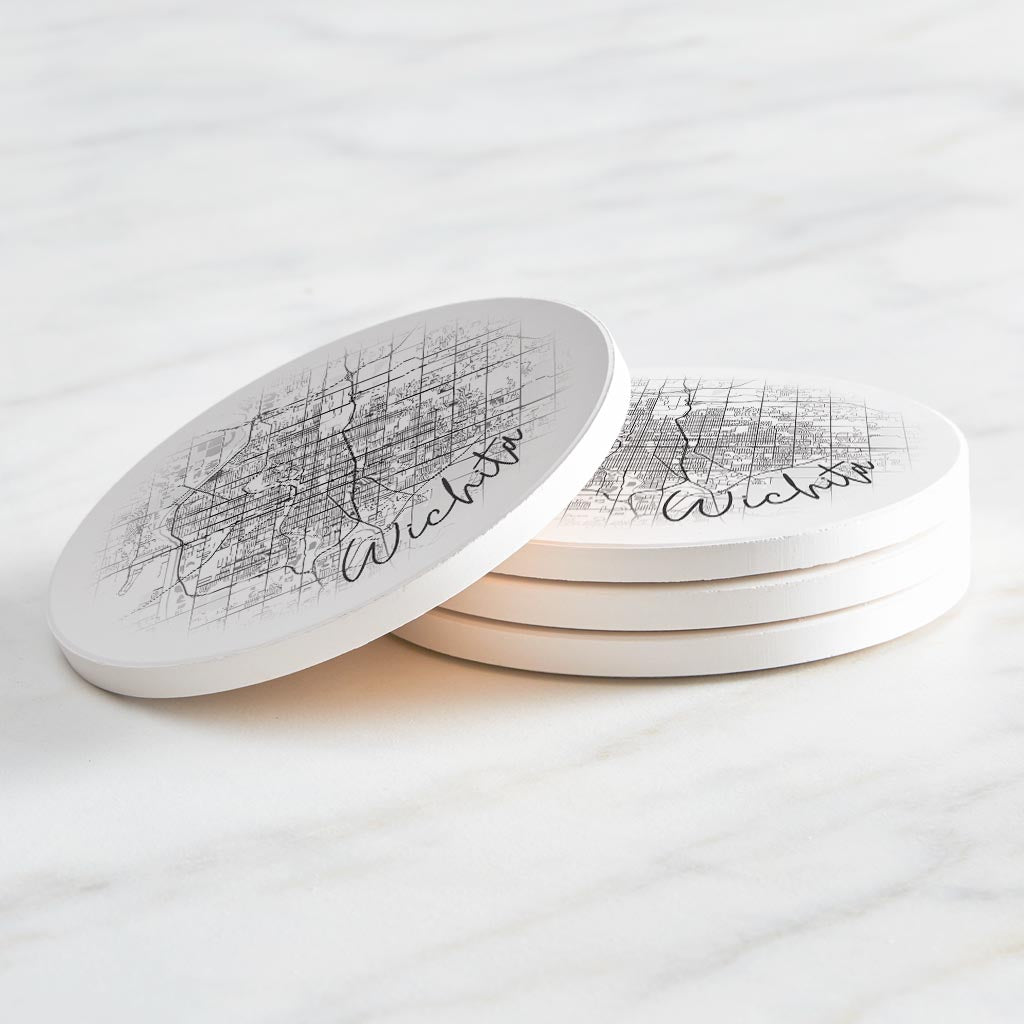 Minimalistic B&W Kansas Wichita Circle Map | Absorbent Coasters | Set of 4 | Min 2