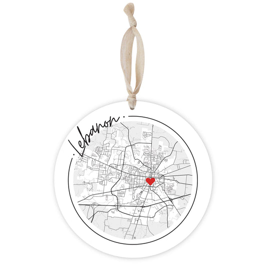 Minimalist B&W Tennessee Lebanon Circle Map Heart | Wood Ornament | Eaches | Min 1