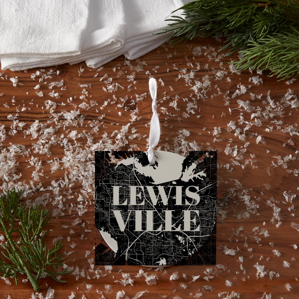 Minimalistic B&W Texas Lewisville Map | Wood Ornament | Eaches | Min 6