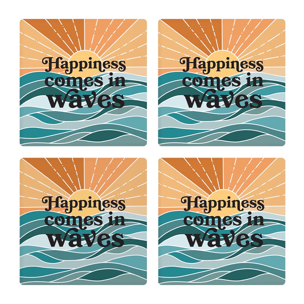 Happiness Comes In Waves | Absorbent Coasters | Set of 4 | Min 2