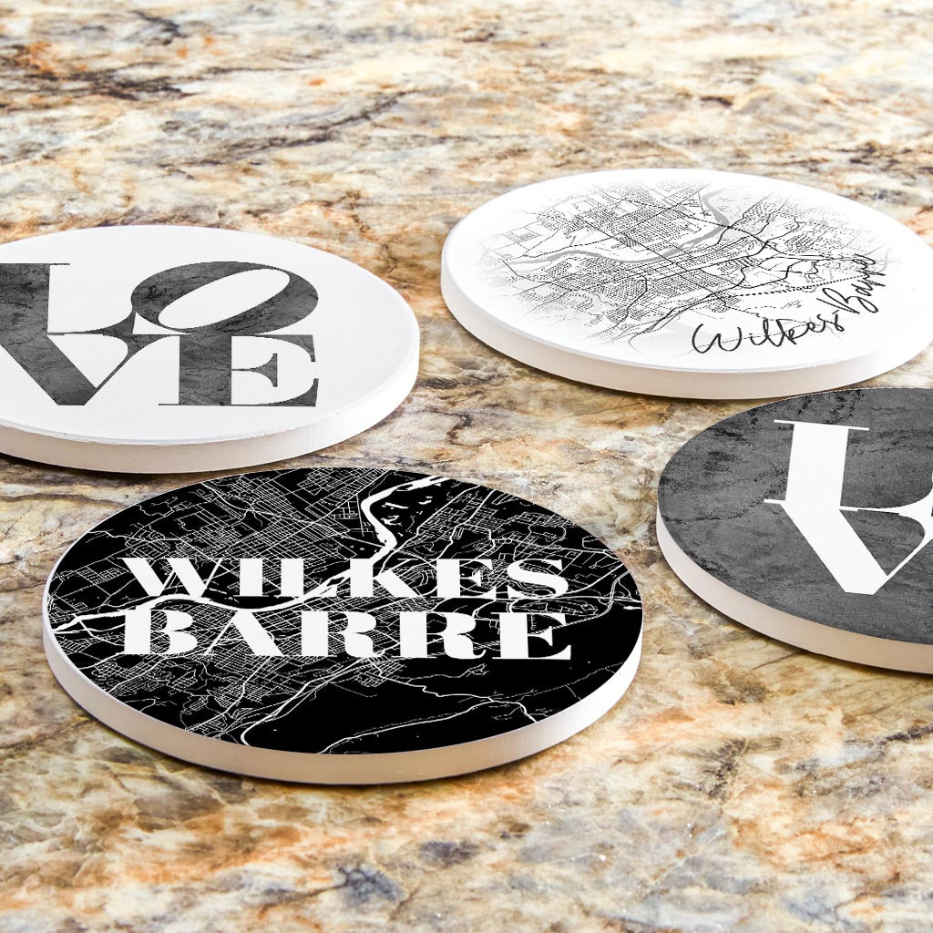 Minimalistic B&W Pennsylvania Wilkes Barre Maps Love | Absorbent Coasters | Set of 4 | Min 2