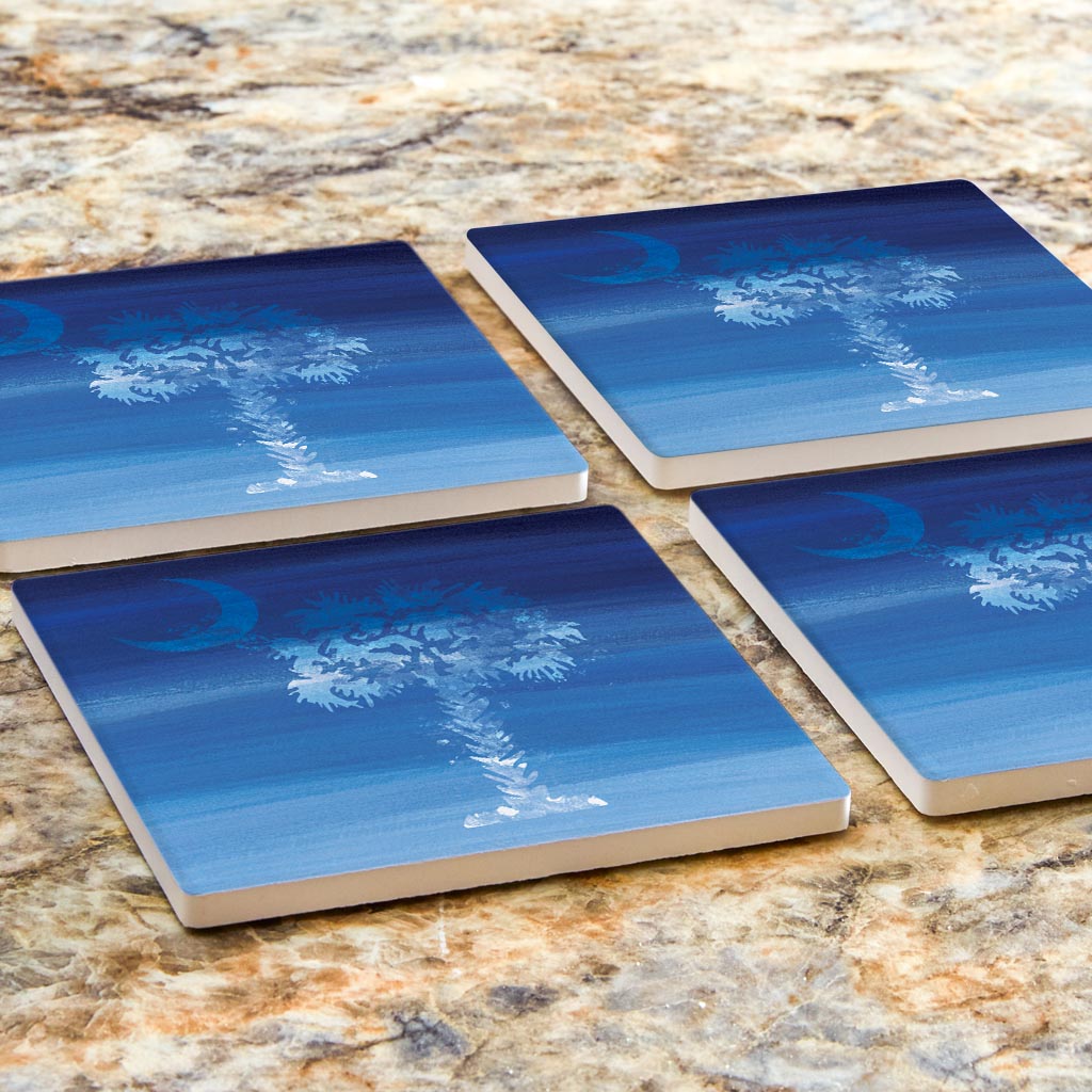 South Carolina Blue Water Color Palm Trees | Absorbent Coasters | Set of 4 | Min 2