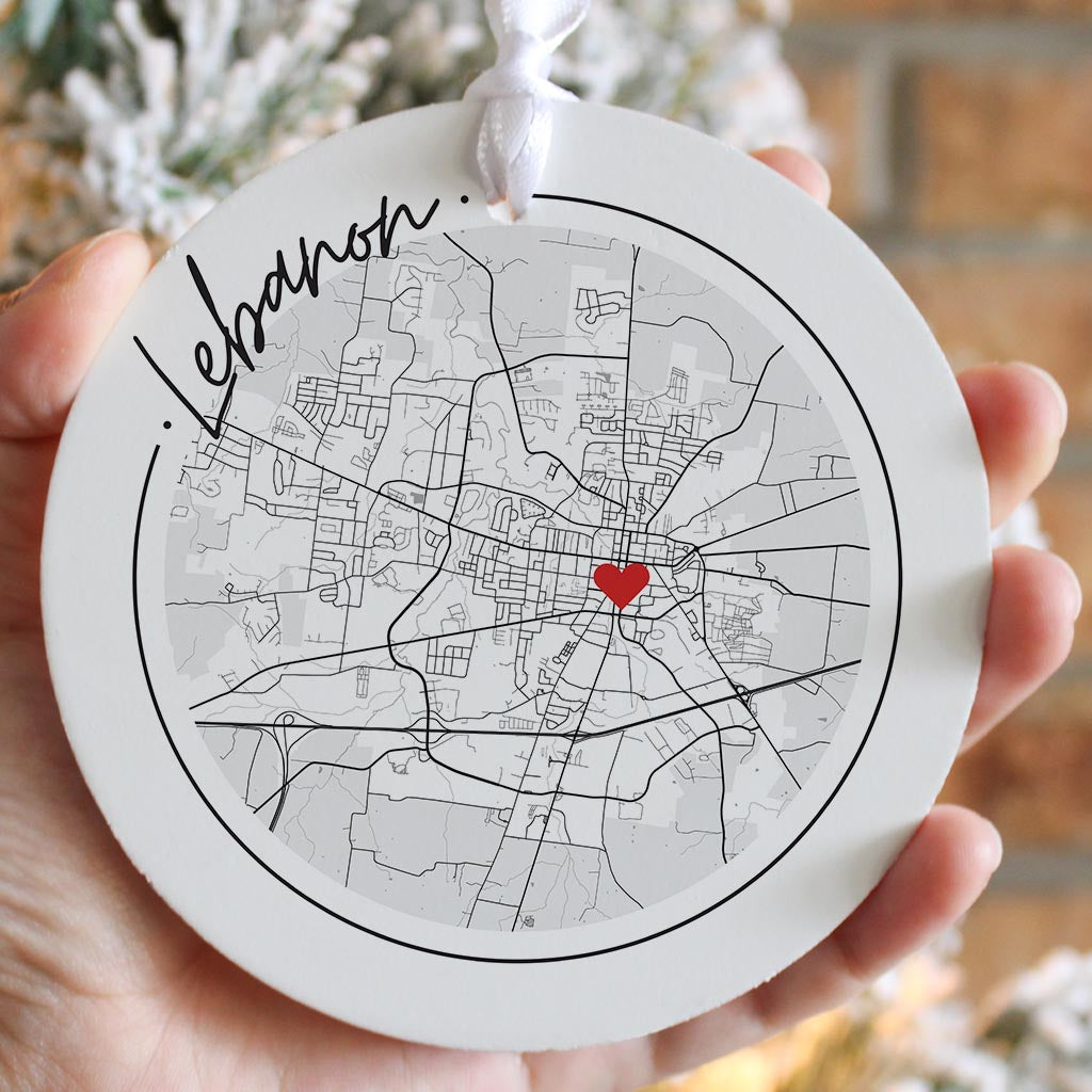 Minimalist B&W Tennessee Lebanon Circle Map Heart | Wood Ornament | Eaches | Min 6