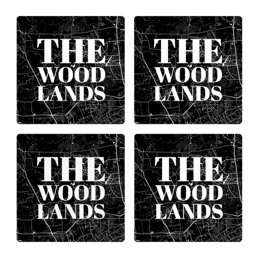 Minimalistic B&W Texas The Woodlands Map | Absorbent Coasters | Set of 4 | Min 2