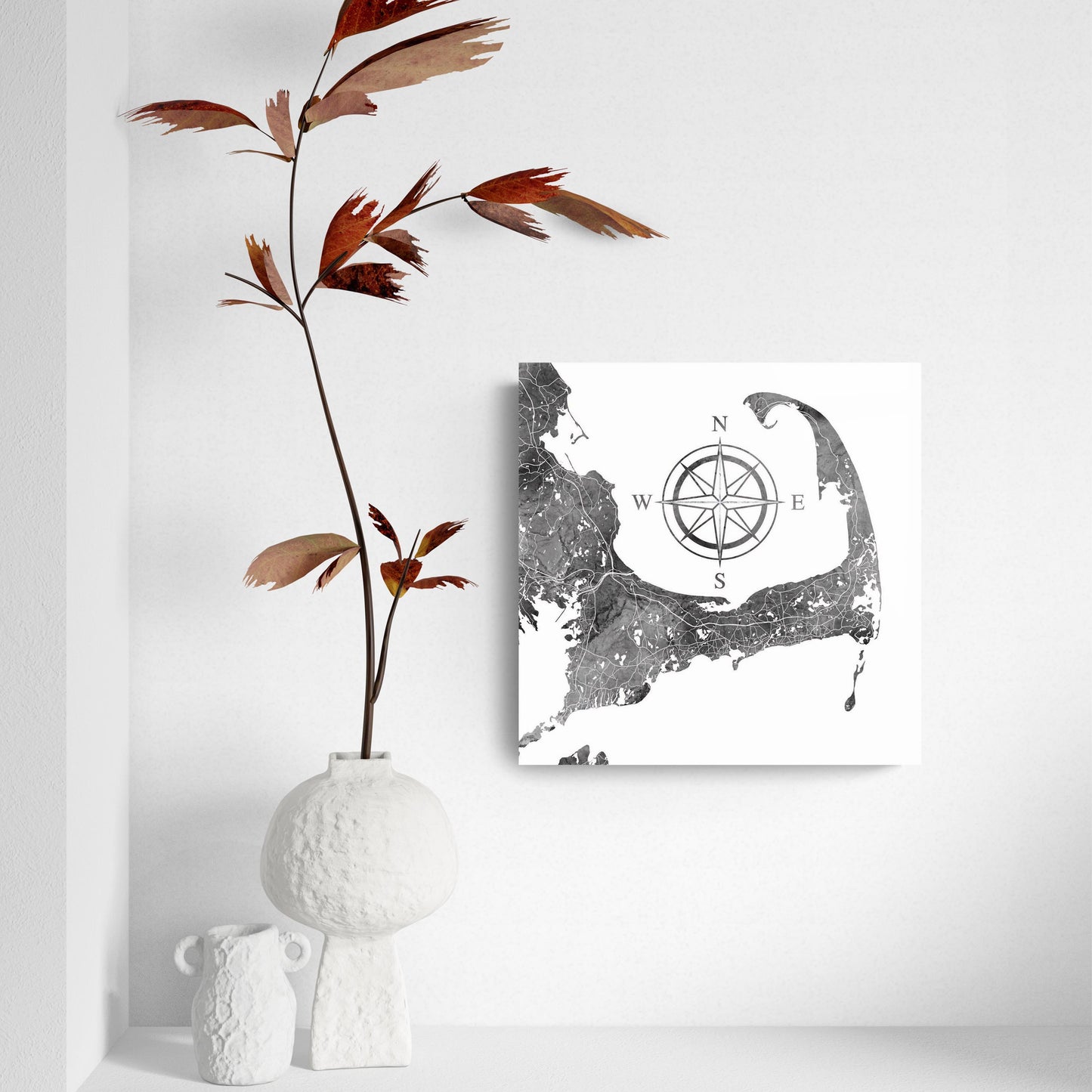 Minimalistic B&W Cape Cod Map With Compass | Hi-Def Glass Art | Eaches | Min 2