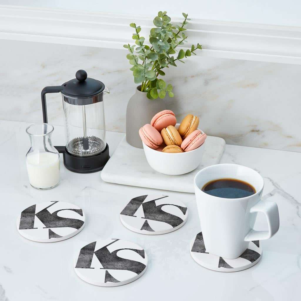 Minimalist B&W Kansas White Initials | Absorbent Coasters | Set of 4 | Min 2