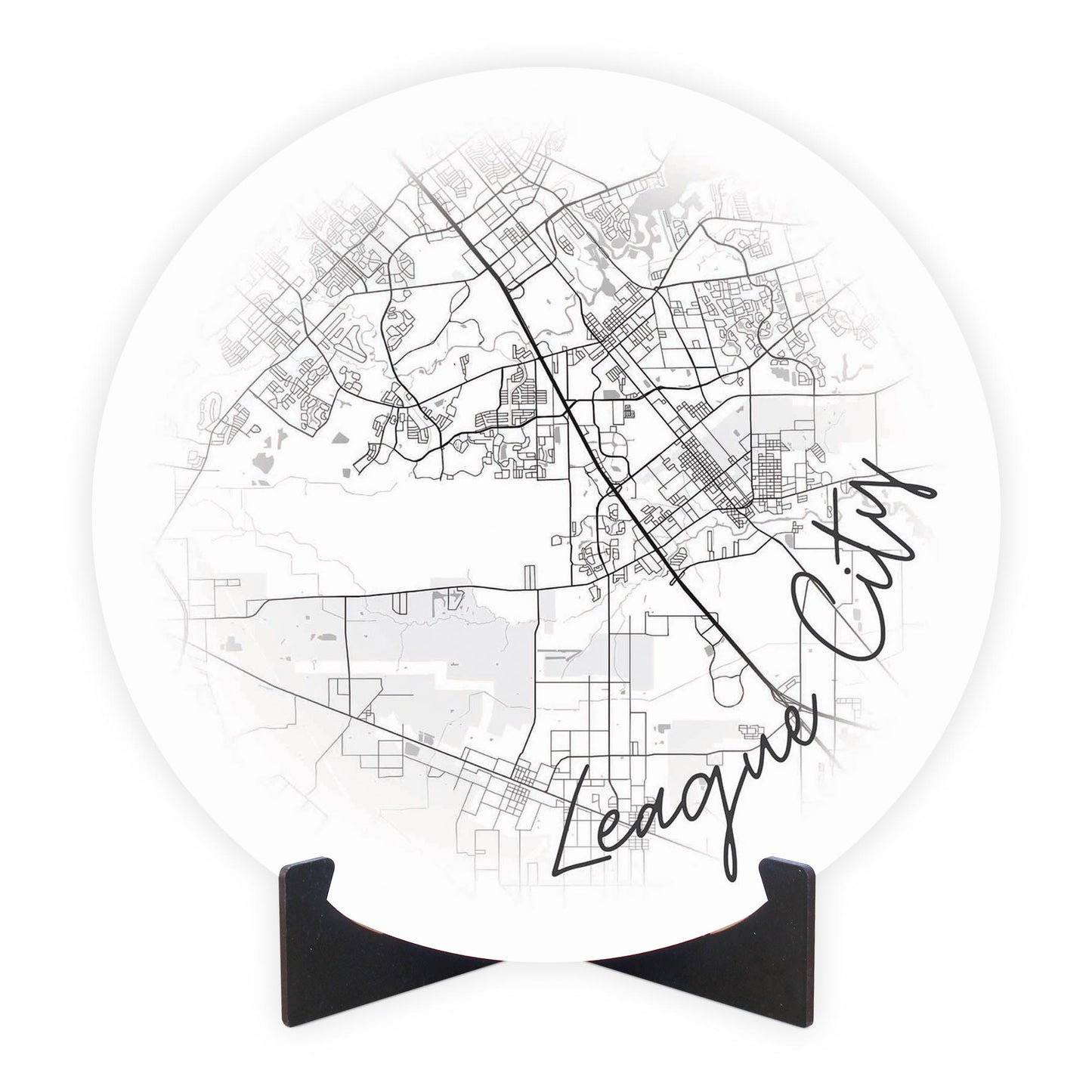 Minimalistic B&W Texas League City Circle Map | Wood Sign | Eaches | Min 1