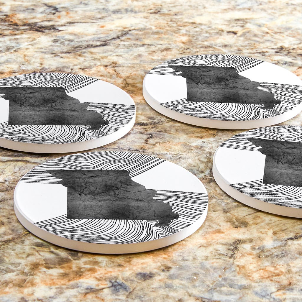 Minimalist B&W Missouri State With Fluid Lines | Absorbent Coasters | Set of 4 | Min 2